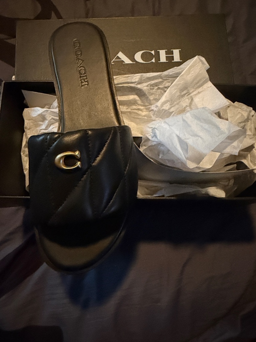 Coach Black Quilted Slide Sandal with Gold 'C' Accent